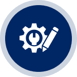 Gear and pencil icon on blue background.