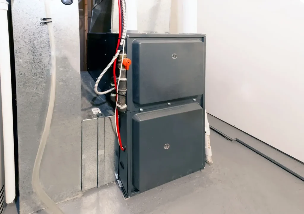 Two stacked HVAC units installed side by side in a utility room.