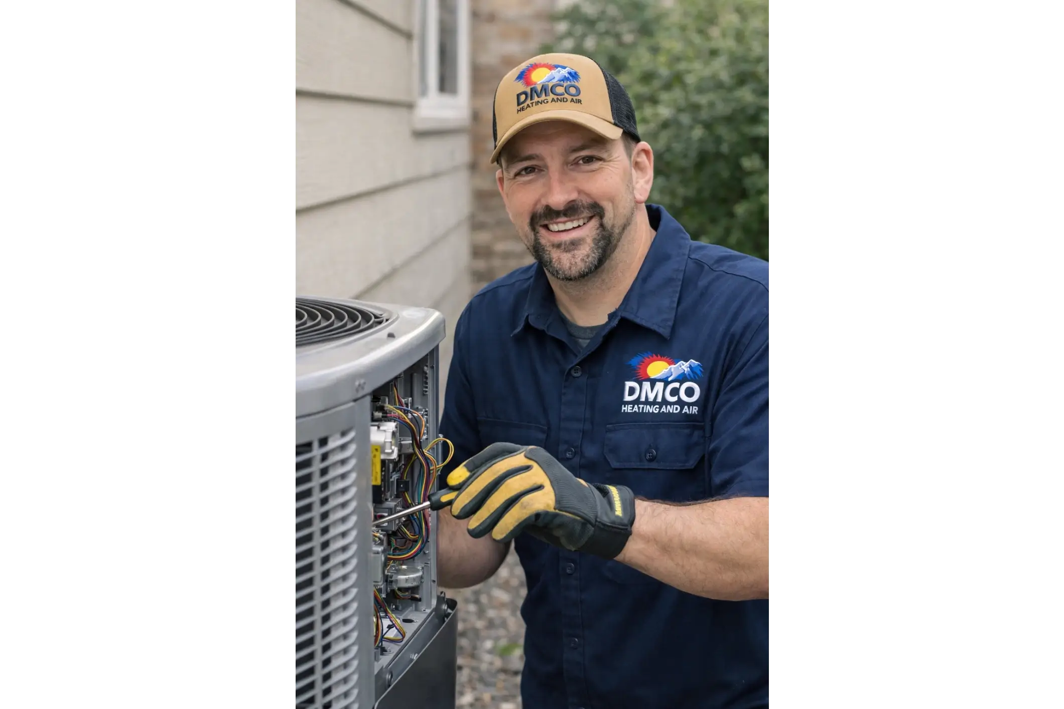 Smiling HVAC technician servicing outdoor air conditioner