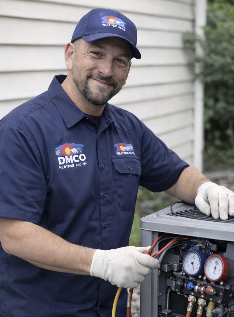 Smiling HVAC technician servicing outdoor air conditioner